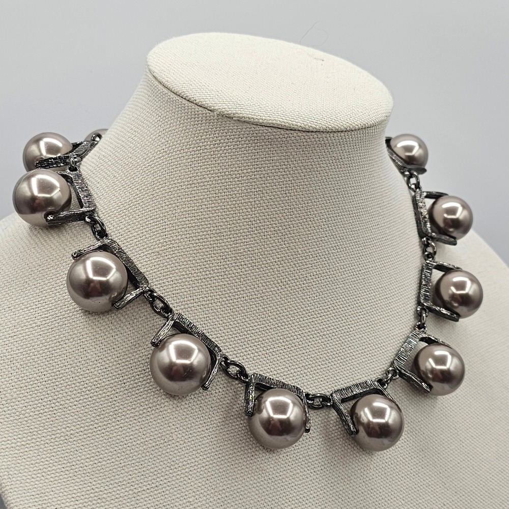 J.Crew Gunmetal Necklace Grey Faux Pearl Statement Metallic Industrial 18 Inch